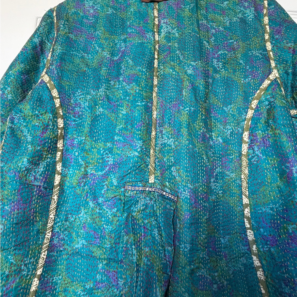 Turquoise Kantha Embroidered Long Jacket – Thread Handwork, Boho Statement - Picture 5 of 6